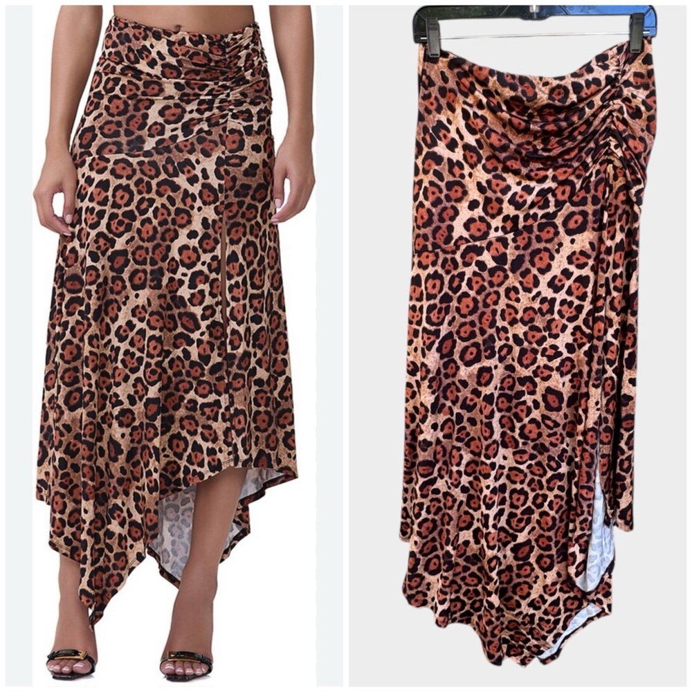 NEW Afrm Mattie Side Ruched Slit Leopard Print Skirt, Large